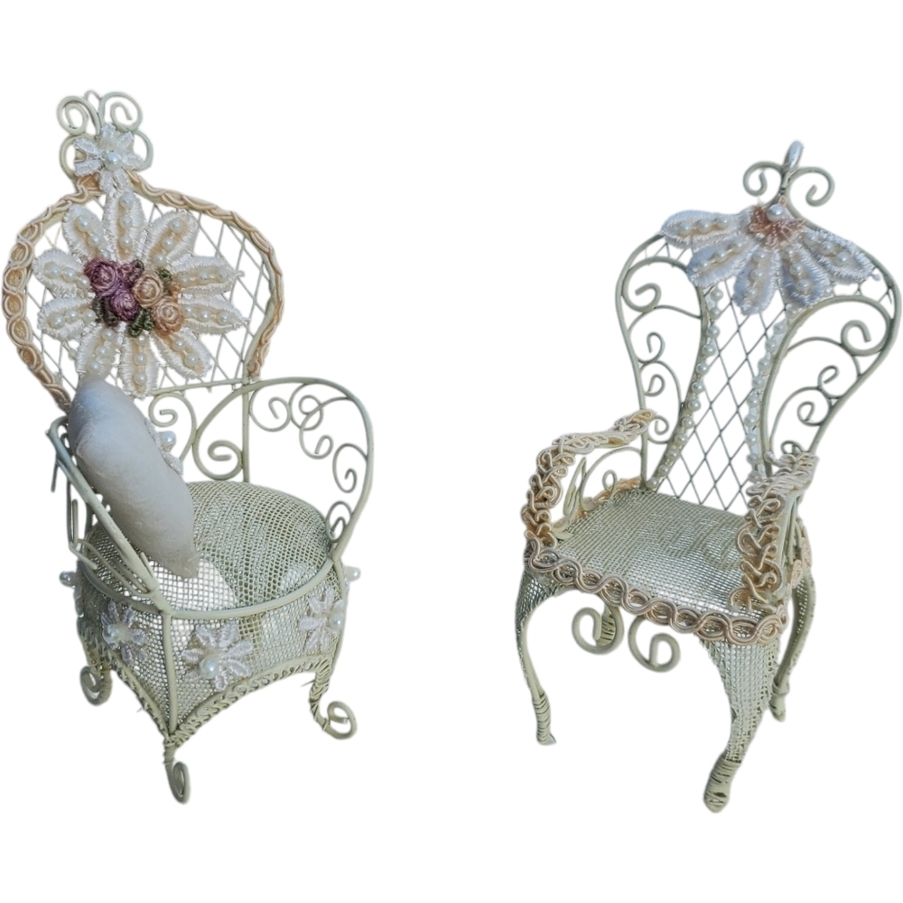 Dollhouse 2 Piece Chairs White Wire Wicker 8 ½ Inches Tall